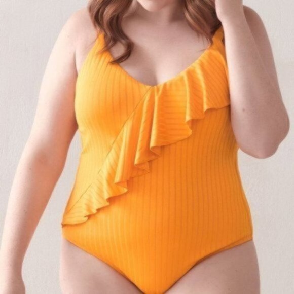 Everyday Sunday Women Yellow One-Piece Ruffle Ribbed Swimsuit Plus Size 3X - Picture 2 of 12
